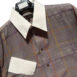 Bruno Conte Mens Plaid Dress Shirt 17.5 34/35 Contrast Collar French Cuffs Brown